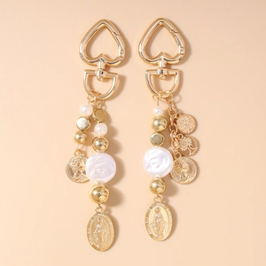 Vintage Gold Plated Alloy Artificial Baroque Pearl Keychain Heart Clasp Coin Portrait Pendant Bag Charm Women Jewelry Bohemian Style