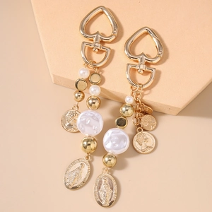 Retro gold beaded keychain with heart lobster clasp, faux pearls and relief coins charms