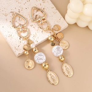 Golden heart keychain with baroque pearls, coin charms and beads on stone base