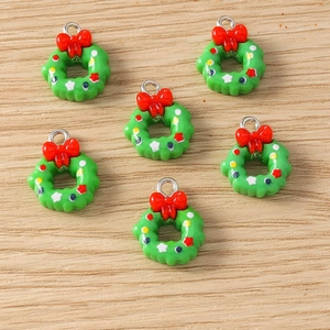 6 pieces of Christmas wreath resin pendants with red bows for DIY jewelry making