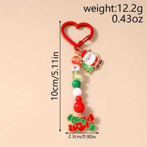Detail of Christmas beaded keychain with Santa pendant, candy charm, and size dimensions