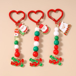 Christmas Beaded Keychain For Women Santa Claus Enamel Pendant Bag Charm Alloy Resin Red Green White Festival Gift Heart Clasp