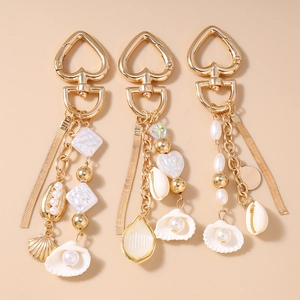 Fashion Ocean Style Shell Artificial Pearl Heart Keychain Gold Alloy Snake Chain Tassel Bag Charm Pendant For Women Jewelry Gift