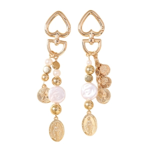 Vintage gold keychain set with pearls and religious figure embossed coin pendants