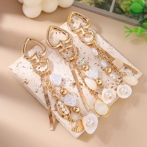 Ocean style seashell and pearl heart charms gold beaded keychain bag accessories