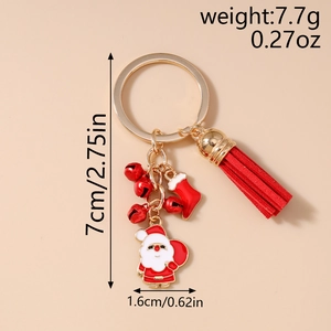 Christmas keychain details with Santa pendant, red tassel, bells and size dimensions