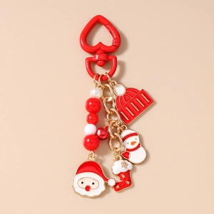 Detail of Christmas keychain with Santa, snowman, and stocking charms on a heart carabiner