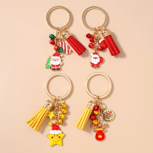 Christmas Santa Claus Reindeer Star Keychain With Tassel Bell Zinc Alloy Enamel Festive Bag Charm Keyring Gift For Women