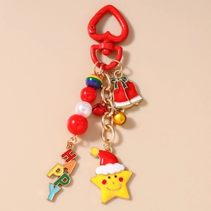 Christmas star keychain with red bell and colorful beads on a red heart clasp
