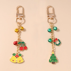 Porte-clés en Métal de Noël Plaqué Or Émail Cloche Cerise Sapin Couronne Pendentif de Sac Cadeau Femmes