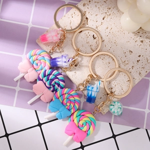 Macaron rainbow lollipop keychains with golden rings and mini beverage charms