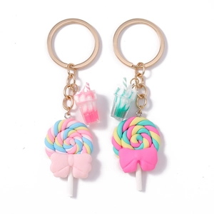 Lollipop and mini cream cup keychain set with pink bow and golden metal ring