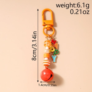 Detail view of colorful beaded HAPPY keychain with dimensions and weight display