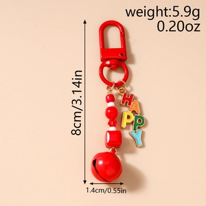 Red beaded HAPPY keychain with metal bell and lobster clasp, showing size 8cm and weight 5.9g