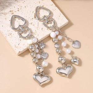 Porte-clés cœur tendance avec perles et pendentifs gravés LOVE YOU sur pierre