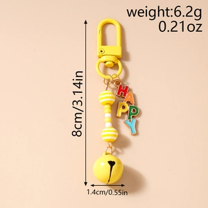 Detailed size specifications for yellow beaded HAPPY keychain with bell and alloy clasp