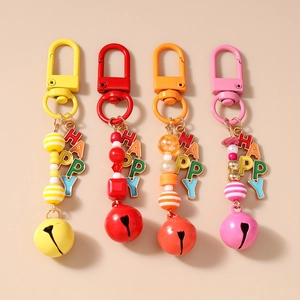 Fashion Colorful Beaded HAPPY Letter Keychain Zinc Alloy Bell Pendant Bag Charm For Women Kids Jewelry Accessory