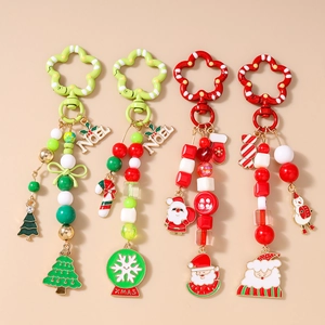 Christmas Beaded Keychain Zinc Alloy Santa Claus Christmas Tree Enamel Pendant Festive Bag Charm Holiday Gift For Women Kids