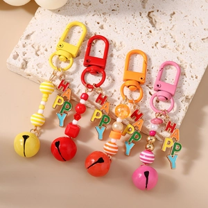 Colorful beaded HAPPY keychain set with bell pendants and metallic D-ring clips