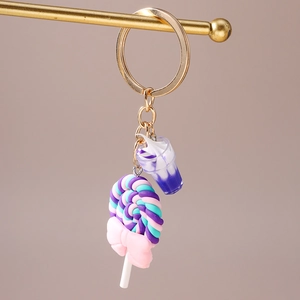 Detail of swirl lollipop keychain with pink bow and blue gradient drink cup charm