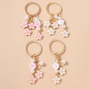 Fashion Cherry Blossom Flower Artificial Pearl Keychain Gold Alloy Heart Button Bag Charm Pendant For Women Girls Sweet Cute Jewelry Gift