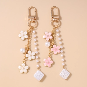 Süßer Emaille Kirschblüte Blume Quaste Schlüsselanhänger Mit Künstlicher Künstliche Perle Gold Vergoldet Legierung Tasche Anhänger Damen