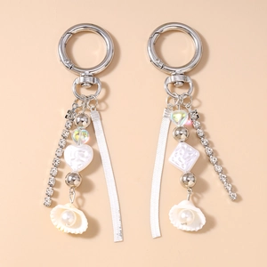 Fashion Zinc Alloy Beaded Keychain With Tassel Snake Chain Rhinestone Faux Artificial Pearl Heart Shell Bag Charm For Women Jewelry