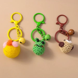Handmade Woven Animal Keychain Crochet Frog Dog Felt Duck Bag Pendant Cute Metal Bell Key Ring For Women Kids Gift