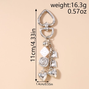 Detailed dimensions of silver beaded keychain with heart clasp, pearls and rose charm