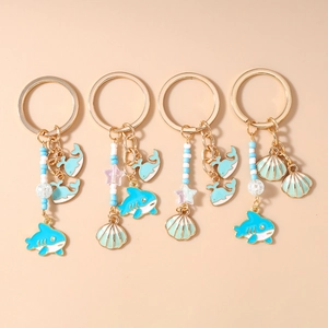 Ocean Theme Zinc Alloy Keychain Cute Shark Dolphin Shell Enamel Charm Keyring With Beads Tassel Bag Pendant Gift For Women