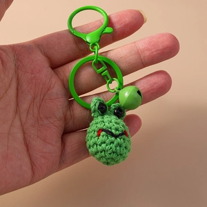 Handmade green crochet frog keychain with metal lobster clasp and bell accessory