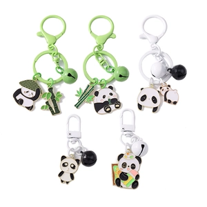 Porte-clés panda mignons avec breloques bambou et cloches en métal, vert et blanc