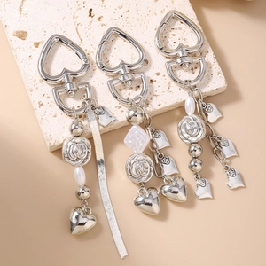 Silver beaded keychain set with heart charms, faux pearls and rose pendant accessories