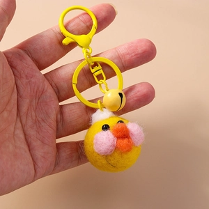Handmade yellow wool felt chick keychain with a bell and matching metal lobster clasp