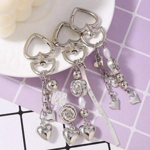 Floral heart tassel keychain with silver pearls and rose charm for bag decoration
