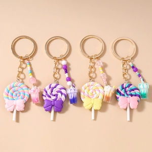 Fashion Lollipop Resin Keychain With Bow And Mini Cup Pendant Colorful Bead Keyring For Women Bag Charm Jewelry Accessory