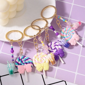 Colorful lollipop keychains with beaded tassels and cute mini drink cup charms