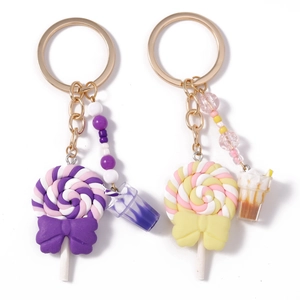 Lollipop and drink cup keychain with colorful tassels and beads for bags and keys