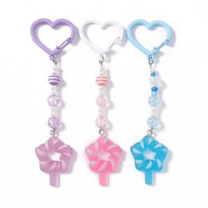 Fashion heart clasp beaded keychains with star lollipop charms in pastel colors