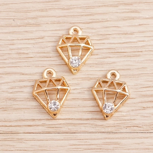 Set of three geometric gold-plated diamond shape pendants with clear rhinestones