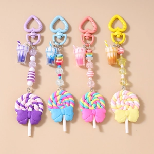 Sweet Lollipop Beaded Keychain Resin Alloy Heart Clasp Colorful Ice Cream Pendant Bag Charm For Women Girls Gift