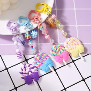 Colorful polymer clay lollipop keychain set with striped beads and sweet heart hooks