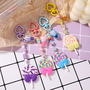 Lollipop polymer clay beaded keychain with heart buckle and colorful ice cream charms