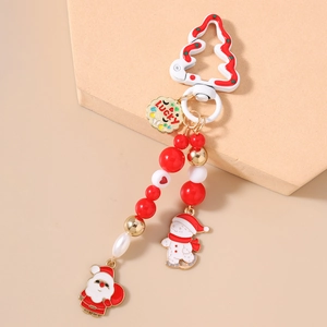 Christmas snowman keychain with Santa pendant, red beads and tree hook on a stand
