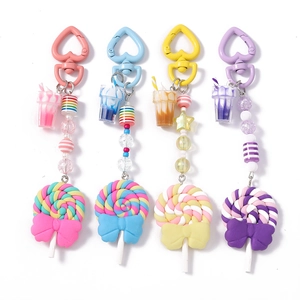 Colorful lollipop keychain set with heart buckle and beaded stripe ice cream charms