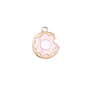 Pink and white enamel donut pendant with rose gold edge and bite mark for DIY jewelry making