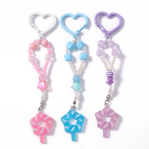 Bunte Perlen Schlüsselanhänger mit Stern Lutscher und Herz haken in rosa blau lila