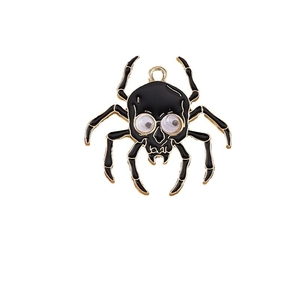 Halloween black enamel spider charm with gold alloy edges and movable eyes for jewelry making