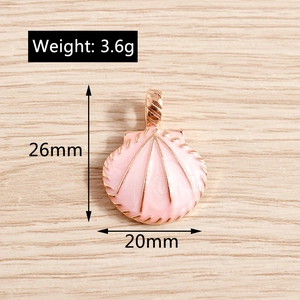 Pink enamel shell charm with rose gold edges and dimensions showing 26mm by 20mm size