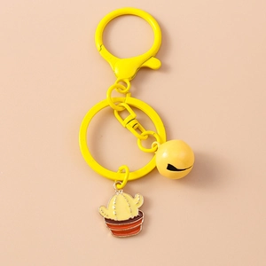 Cute yellow cactus keychain with bell and spring buckle for bags and keys accessories